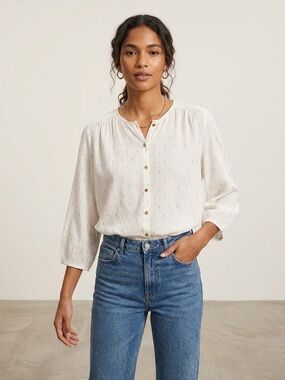 Zara Button Balloon Sleeves Metallic Gold Blouse Large White casual fall